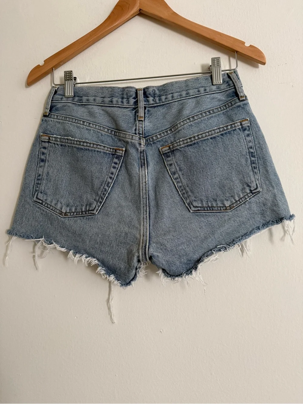 Agolde Light Blue Distressed Denim Shorts